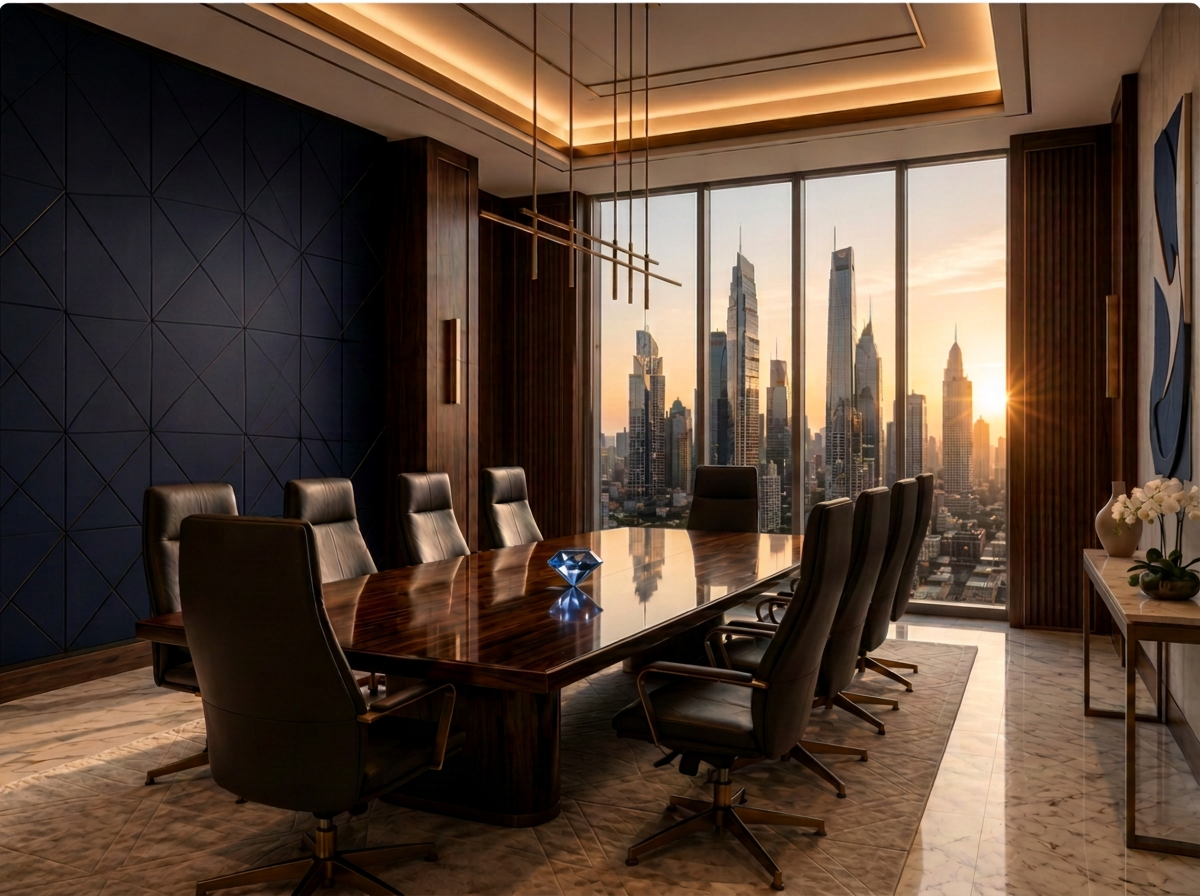 Executive boardroom with floor-to-ceiling city views and a sapphire crystal on the conference table